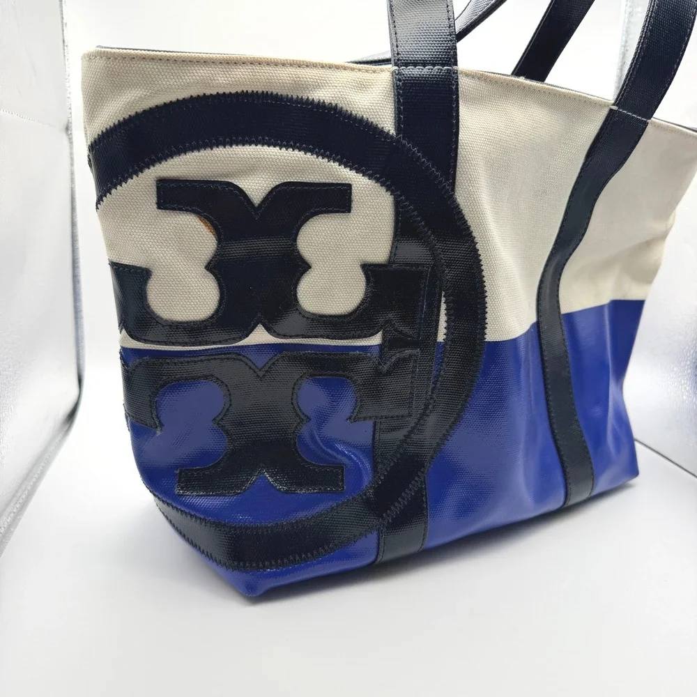 Tory Burch Ella Tote Canvas Colorblock Logo Shoulder Bag Womens Large Blue White